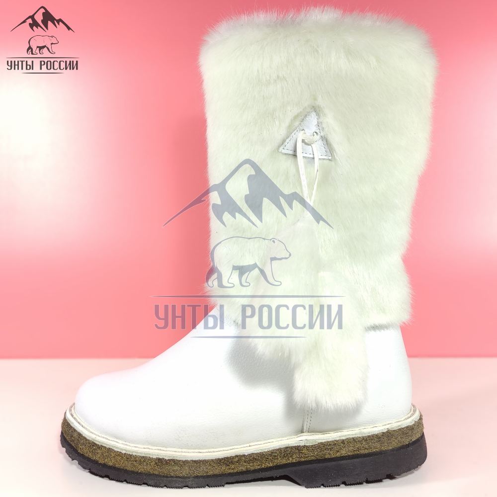 Унты женские натуральные белые кожаные  с бубенчиками, войлочнорезиновая подошва